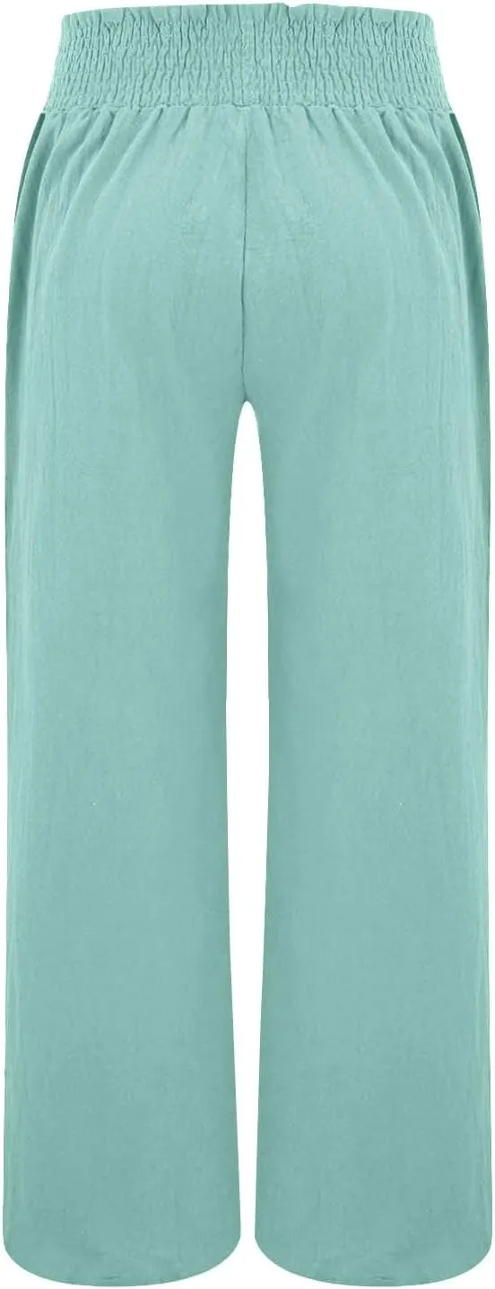 Womens Linen Pants 2025 Summer Casual Loose Wide Leg Palazzo Pants High Waist Flowy Beach Trousers Outfits