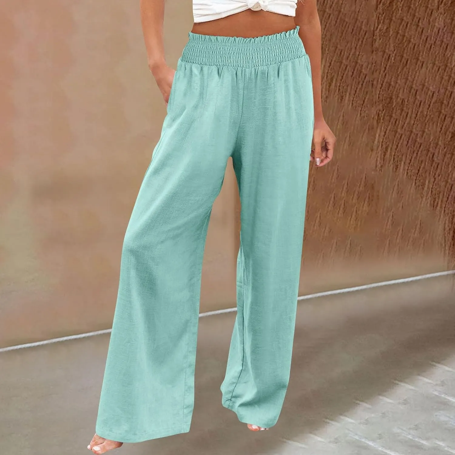 Womens Linen Pants 2025 Summer Casual Loose Wide Leg Palazzo Pants High Waist Flowy Beach Trousers Outfits