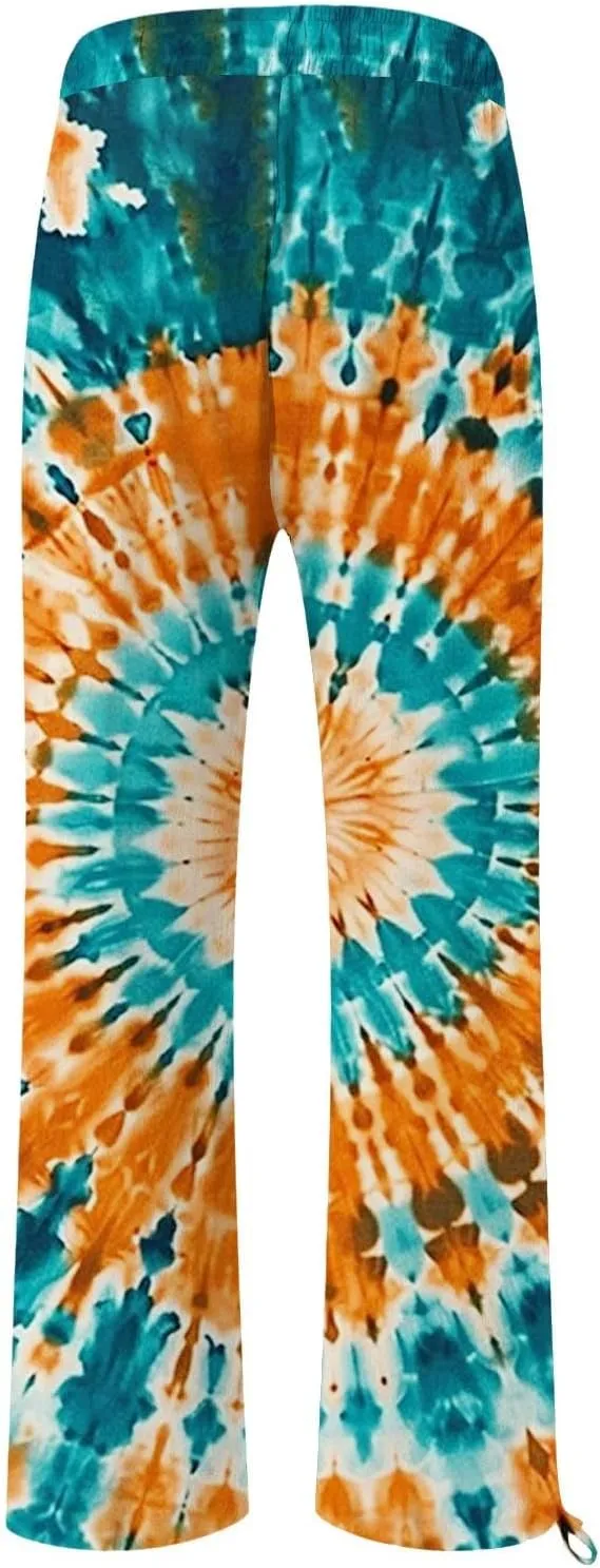 Womens Linen Pants Boho Wide Leg High Waisted Palazzo Retro Printed Pants Summer Flowy Beach Lounge Casual Clothes