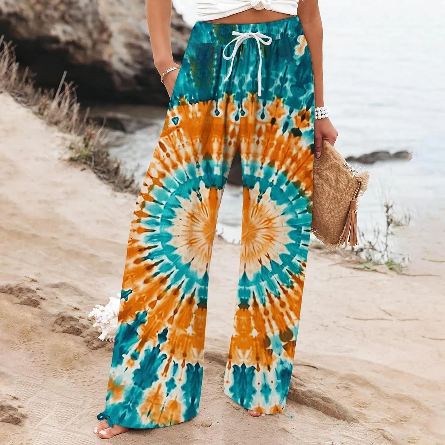Womens Linen Pants Boho Wide Leg High Waisted Palazzo Retro Printed Pants Summer Flowy Beach Lounge Casual Clothes