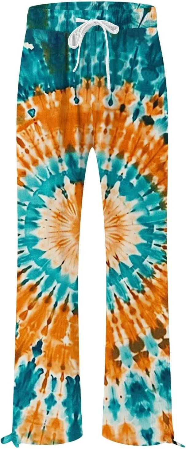 Womens Linen Pants Boho Wide Leg High Waisted Palazzo Retro Printed Pants Summer Flowy Beach Lounge Casual Clothes