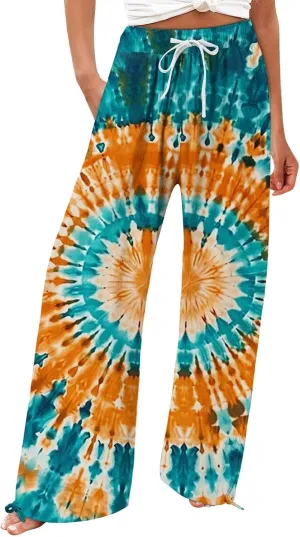 Womens Linen Pants Boho Wide Leg High Waisted Palazzo Retro Printed Pants Summer Flowy Beach Lounge Casual Clothes