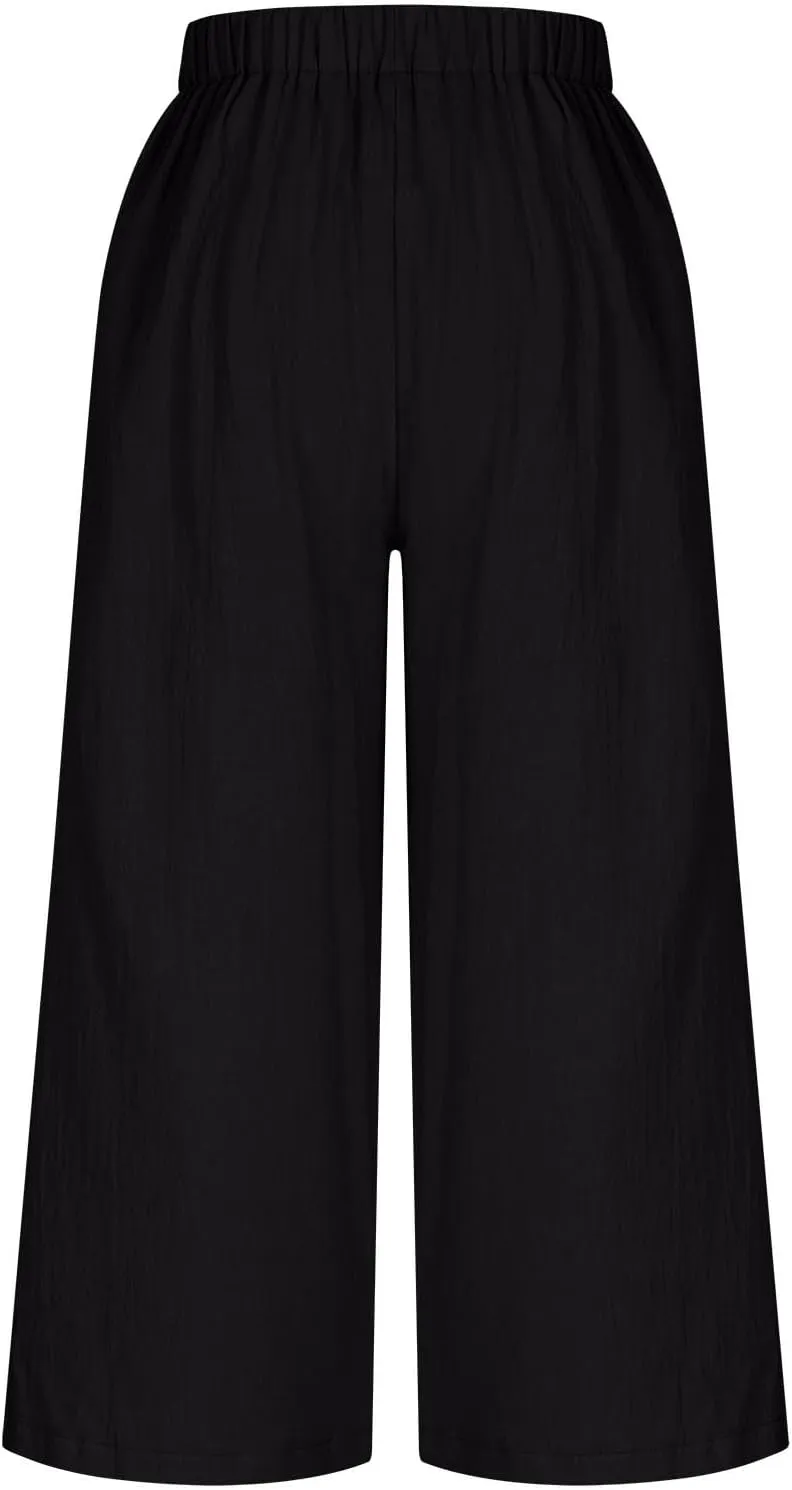 Women's Linen Pants Capri Elastic Waist Trousers High Waisted Palazzo Pants Belted Wide Leg Trousers with Pockets