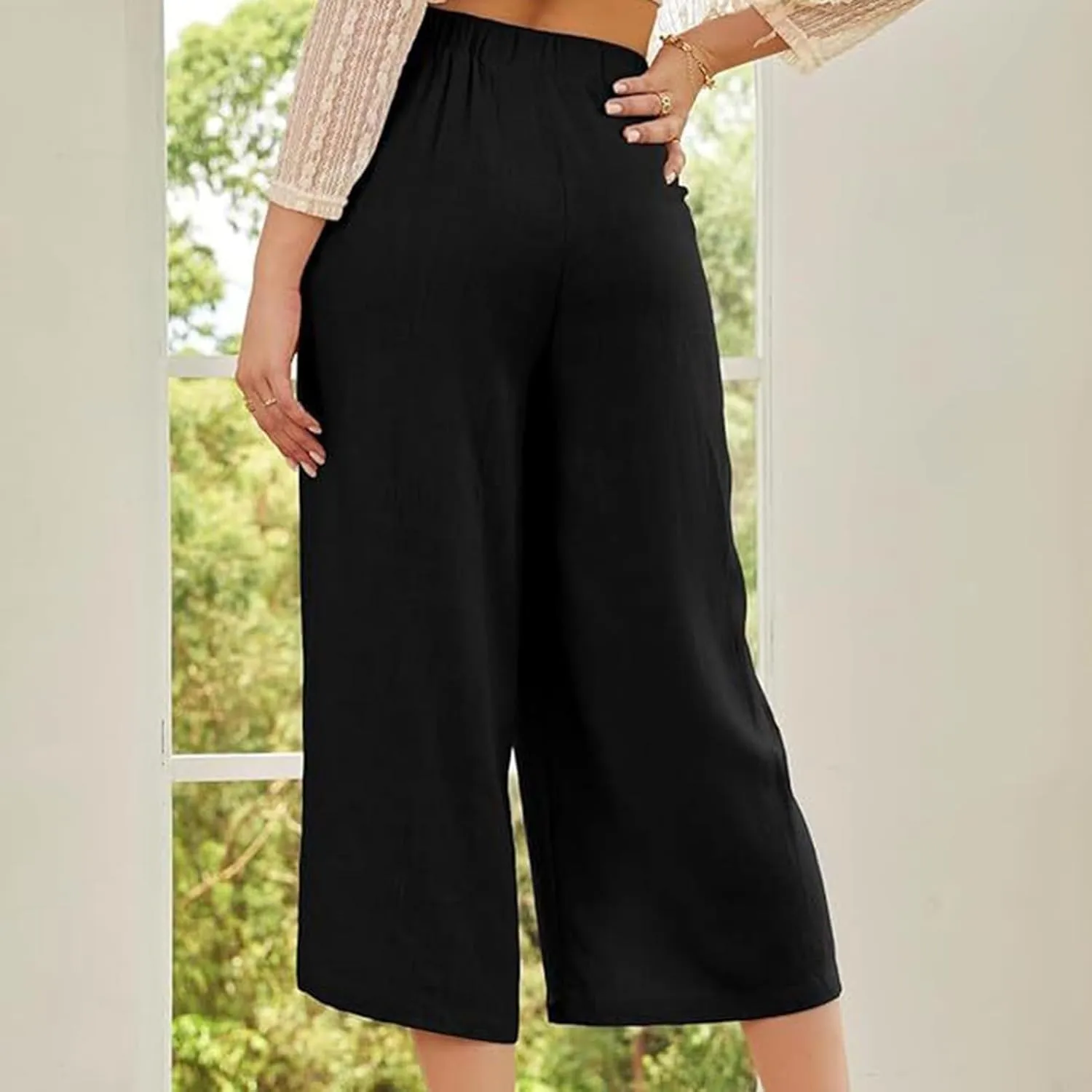 Women's Linen Pants Capri Elastic Waist Trousers High Waisted Palazzo Pants Belted Wide Leg Trousers with Pockets