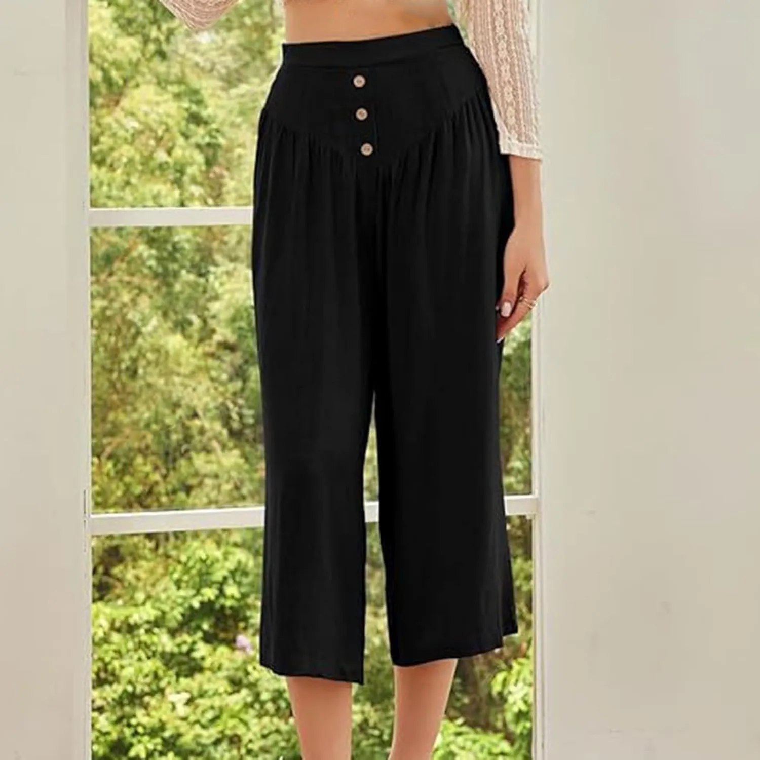 Women's Linen Pants Capri Elastic Waist Trousers High Waisted Palazzo Pants Belted Wide Leg Trousers with Pockets
