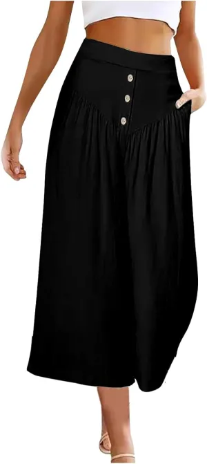 Women's Linen Pants Capri Elastic Waist Trousers High Waisted Palazzo Pants Belted Wide Leg Trousers with Pockets