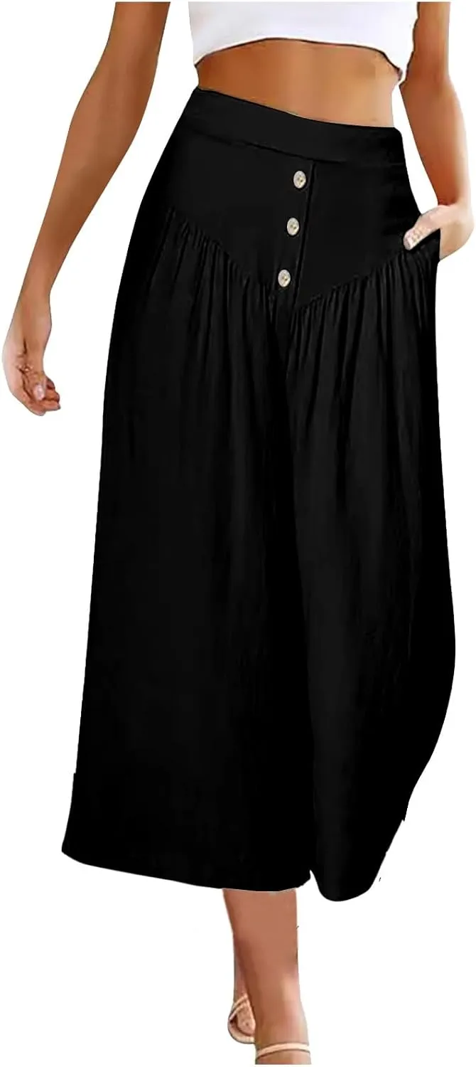 Women's Linen Pants Capri Elastic Waist Trousers High Waisted Palazzo Pants Belted Wide Leg Trousers with Pockets
