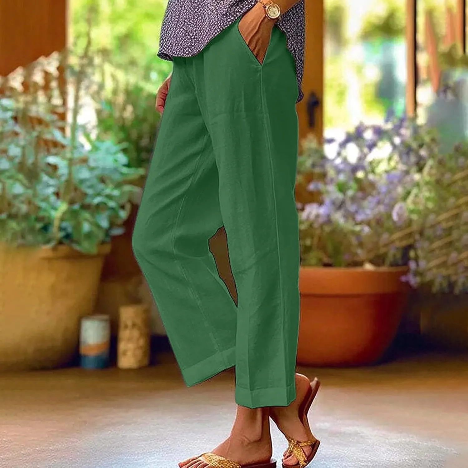 Womens Linen Pants Casual Lightweight Elastic Waist Pants Summer Wide Leg Work Pant Loose Beach Trousers with Pockets