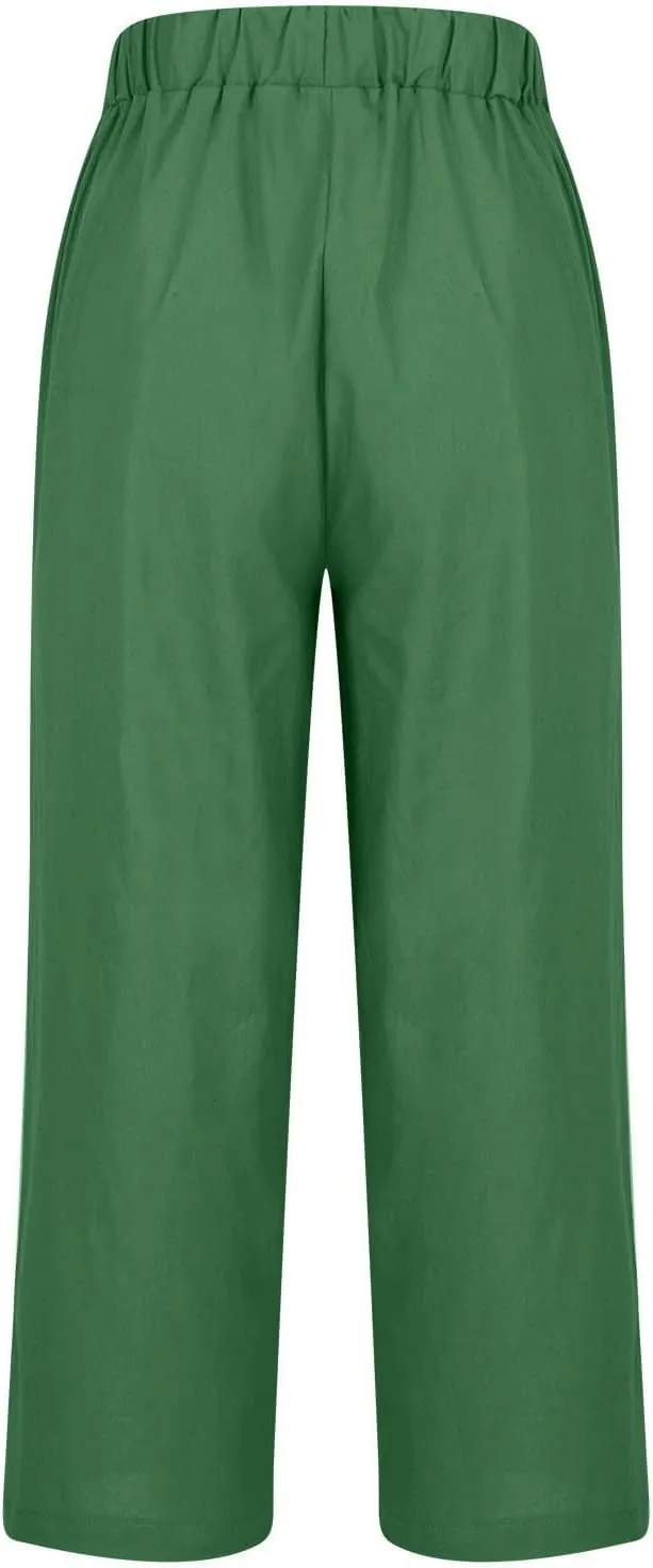 Womens Linen Pants Casual Lightweight Elastic Waist Pants Summer Wide Leg Work Pant Loose Beach Trousers with Pockets