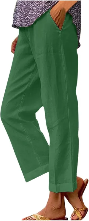 Womens Linen Pants Casual Lightweight Elastic Waist Pants Summer Wide Leg Work Pant Loose Beach Trousers with Pockets