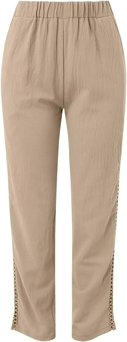Womens Linen Pants for Summer Straight Leg High Waist Elastic Baggy Pant Side Hollowing Loose Beach Casual Trousers