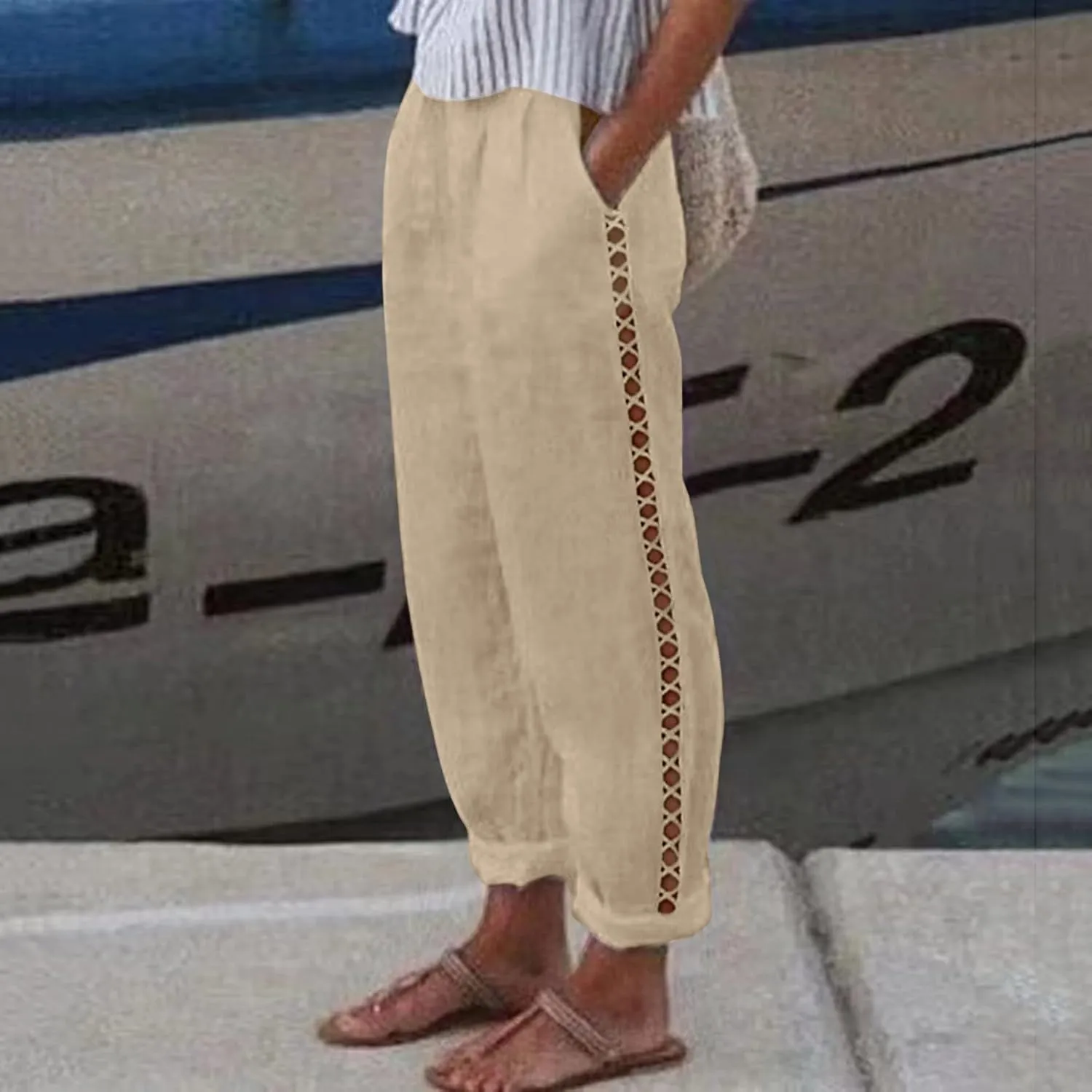Womens Linen Pants for Summer Straight Leg High Waist Elastic Baggy Pant Side Hollowing Loose Beach Casual Trousers