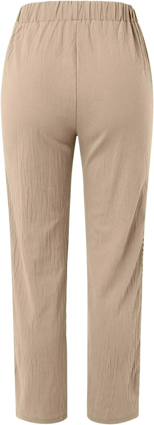 Womens Linen Pants for Summer Straight Leg High Waist Elastic Baggy Pant Side Hollowing Loose Beach Casual Trousers