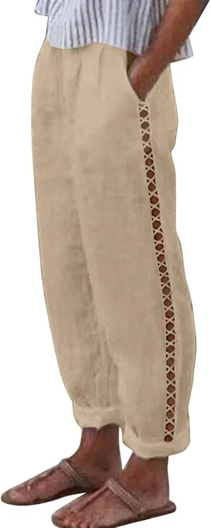 Womens Linen Pants for Summer Straight Leg High Waist Elastic Baggy Pant Side Hollowing Loose Beach Casual Trousers