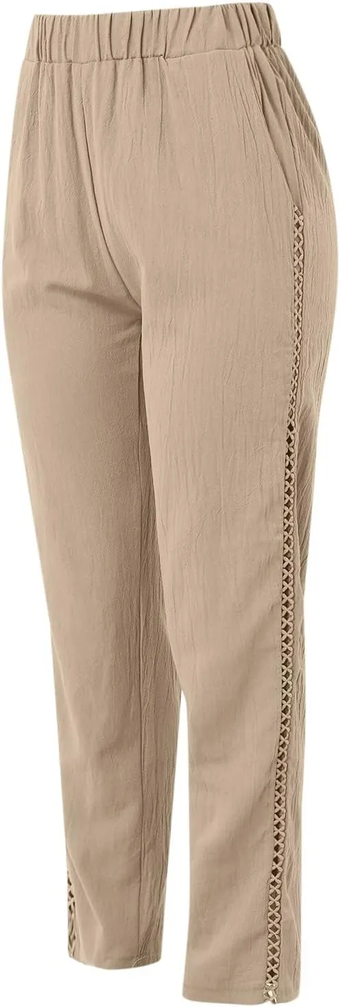 Womens Linen Pants for Summer Straight Leg High Waist Elastic Baggy Pant Side Hollowing Loose Beach Casual Trousers