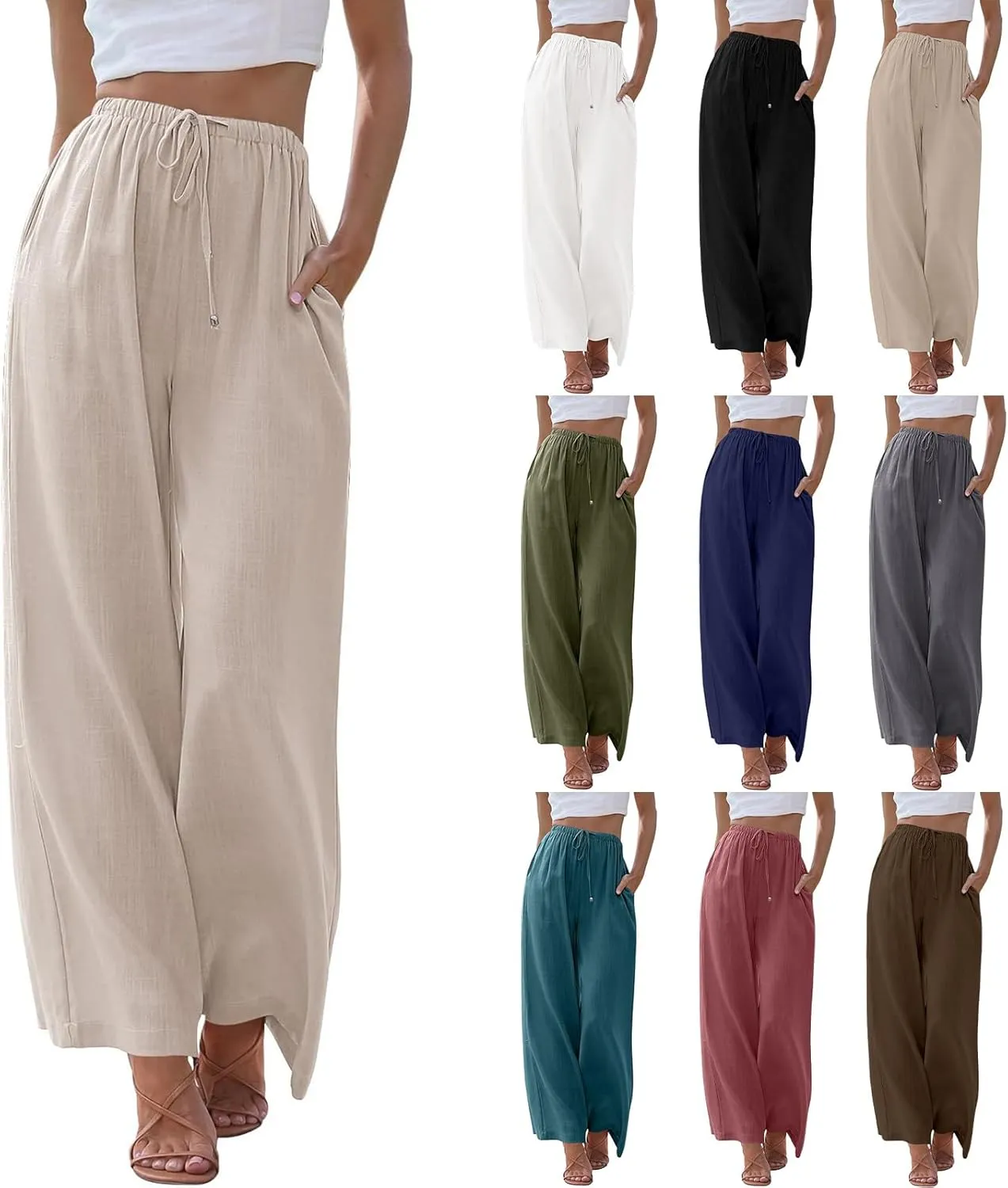 Womens Linen Pants Summer Casual Loose Beach Trousers with Pockets High Waisted Drawstring Wide Leg Pants for Women
