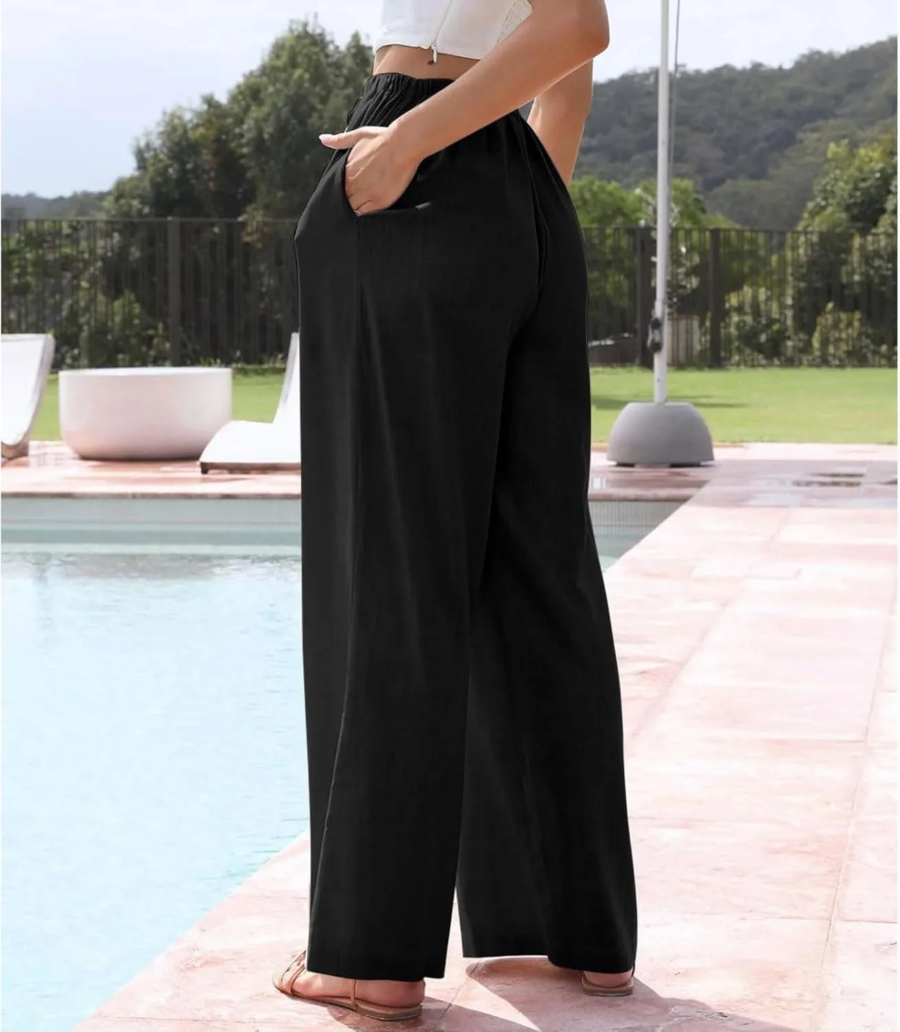 Womens Linen Pants Summer Casual Loose Beach Trousers with Pockets High Waisted Drawstring Wide Leg Pants for Women