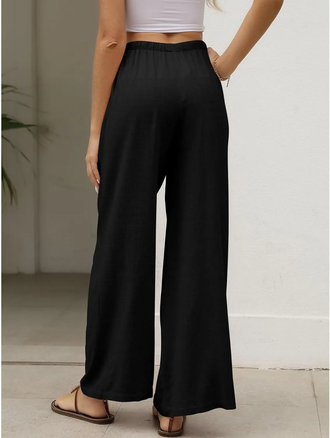 Womens Linen Pants Summer Casual Loose Beach Trousers with Pockets High Waisted Drawstring Wide Leg Pants for Women