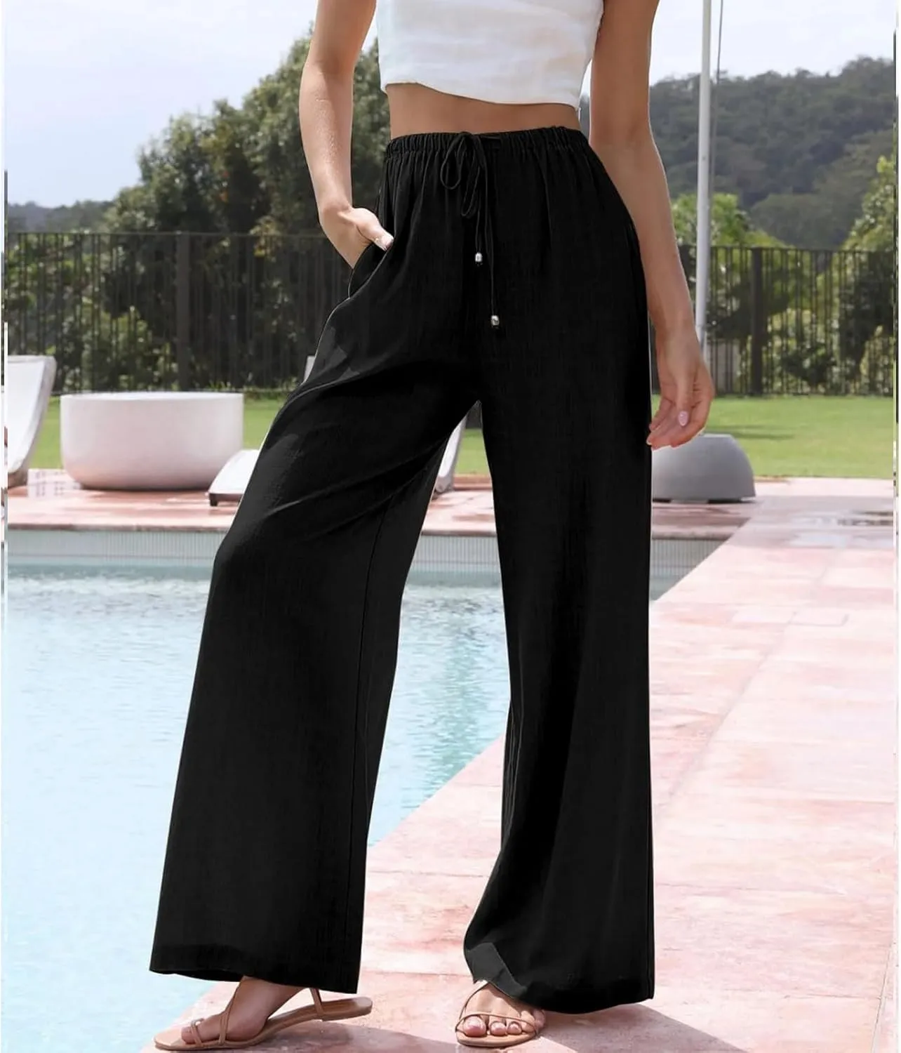 Womens Linen Pants Summer Casual Loose Beach Trousers with Pockets High Waisted Drawstring Wide Leg Pants for Women