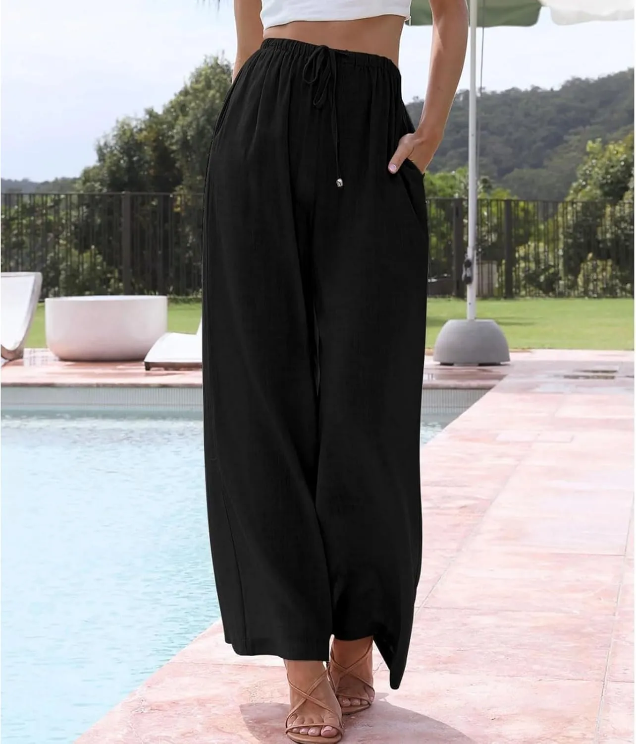 Womens Linen Pants Summer Casual Loose Beach Trousers with Pockets High Waisted Drawstring Wide Leg Pants for Women
