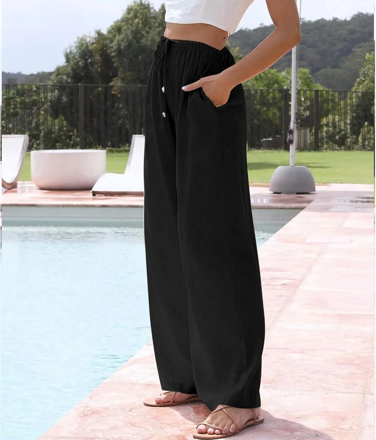 Womens Linen Pants Summer Casual Loose Beach Trousers with Pockets High Waisted Drawstring Wide Leg Pants for Women
