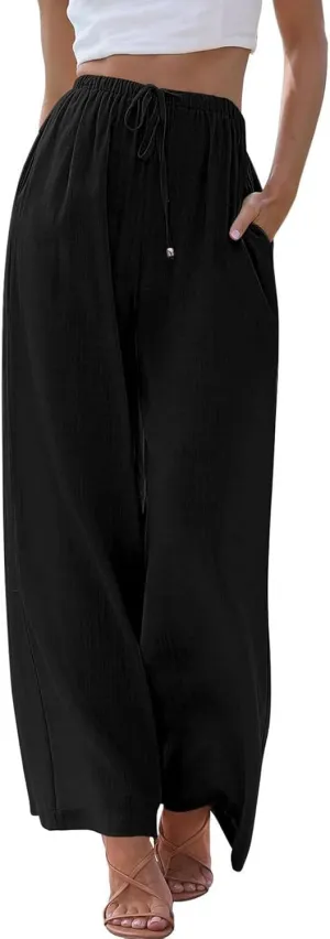 Womens Linen Pants Summer Casual Loose Beach Trousers with Pockets High Waisted Drawstring Wide Leg Pants for Women