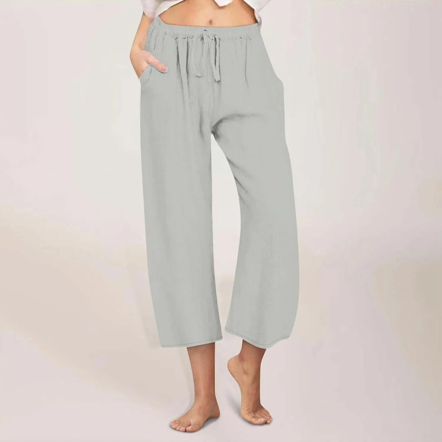 Womens Linen Pants Summer Wide Leg Lounge Cropped Pants with Pockets Drawstring Elastic Waist Beach Trousers 2025