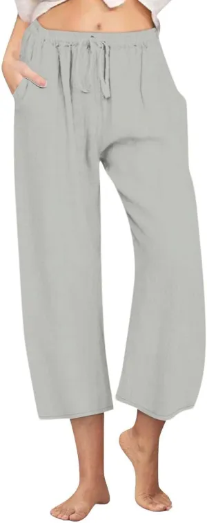 Womens Linen Pants Summer Wide Leg Lounge Cropped Pants with Pockets Drawstring Elastic Waist Beach Trousers 2025