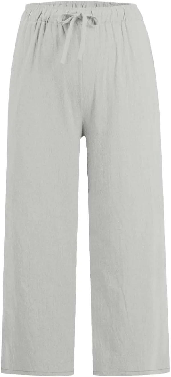 Womens Linen Pants Summer Wide Leg Lounge Cropped Pants with Pockets Drawstring Elastic Waist Beach Trousers 2025