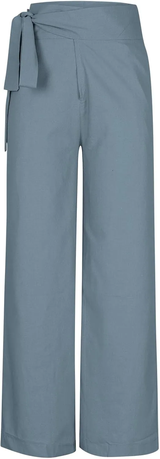 Womens Linen Pants Wide Leg High Waisted Palazzo Vacation Pants with Adjustable Tie Belt Casual Solid Summer Trousers