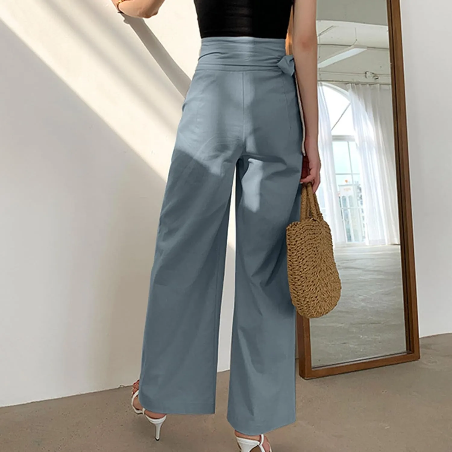 Womens Linen Pants Wide Leg High Waisted Palazzo Vacation Pants with Adjustable Tie Belt Casual Solid Summer Trousers