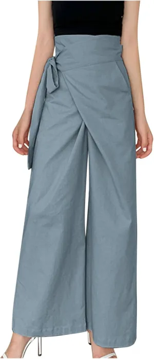 Womens Linen Pants Wide Leg High Waisted Palazzo Vacation Pants with Adjustable Tie Belt Casual Solid Summer Trousers