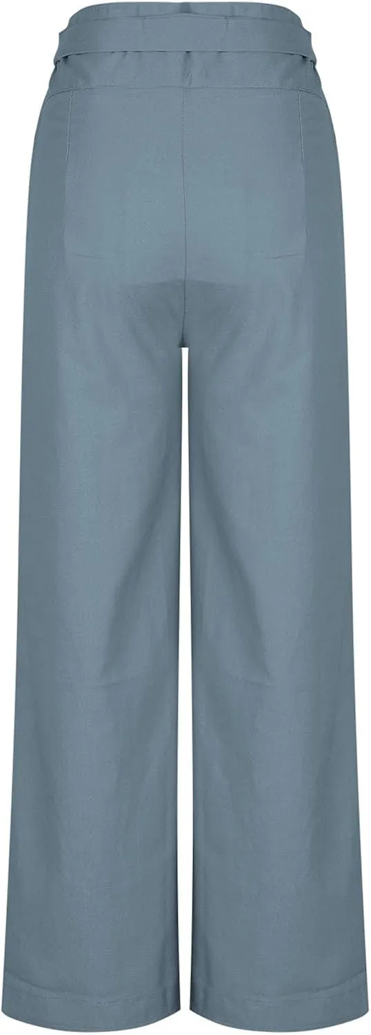 Womens Linen Pants Wide Leg High Waisted Palazzo Vacation Pants with Adjustable Tie Belt Casual Solid Summer Trousers