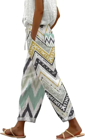 Womens Linen Pants with Pockets High Waist Boho Floral Print Comfy Gauze Pants Casual Lightweight Loose Trousers