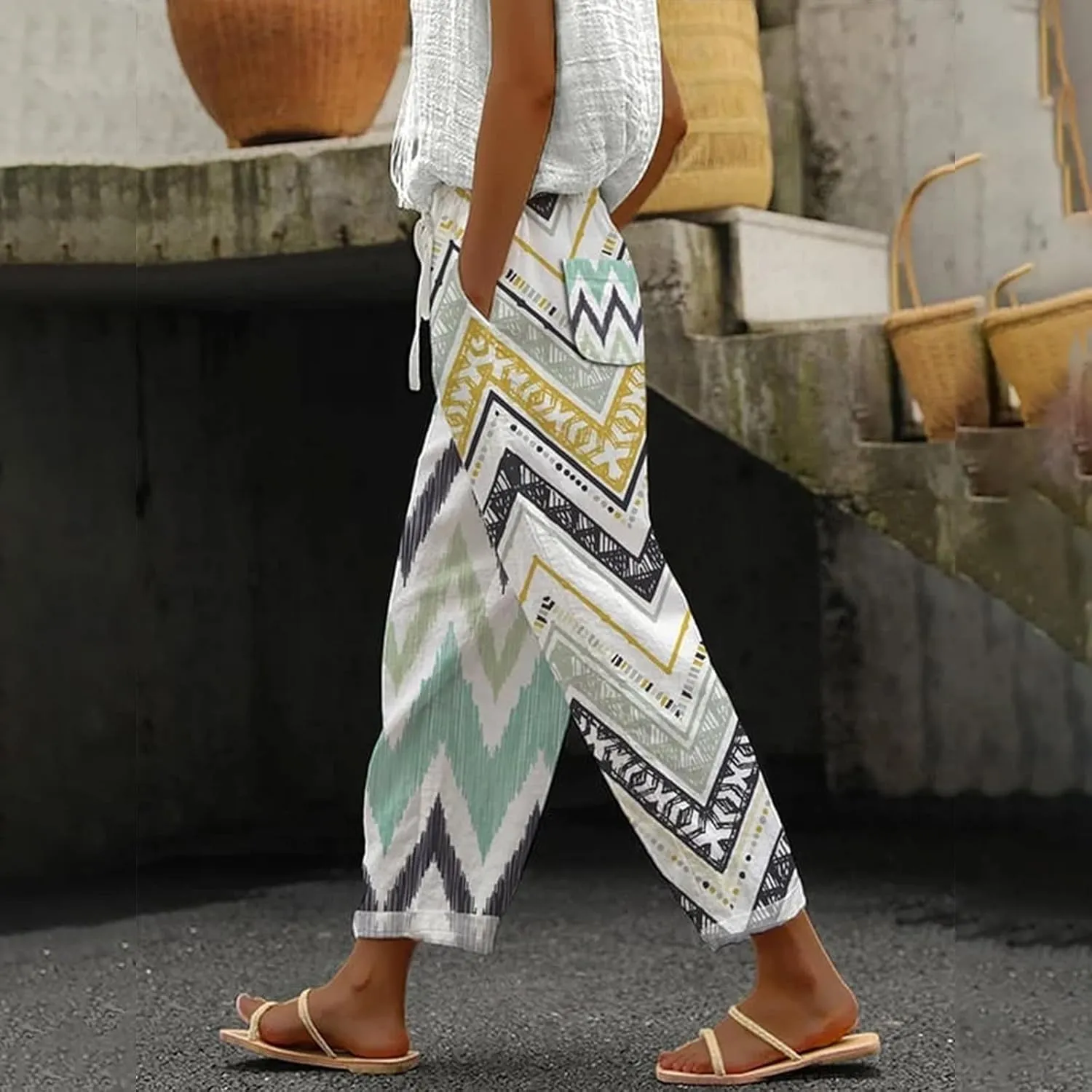 Womens Linen Pants with Pockets High Waist Boho Floral Print Comfy Gauze Pants Casual Lightweight Loose Trousers