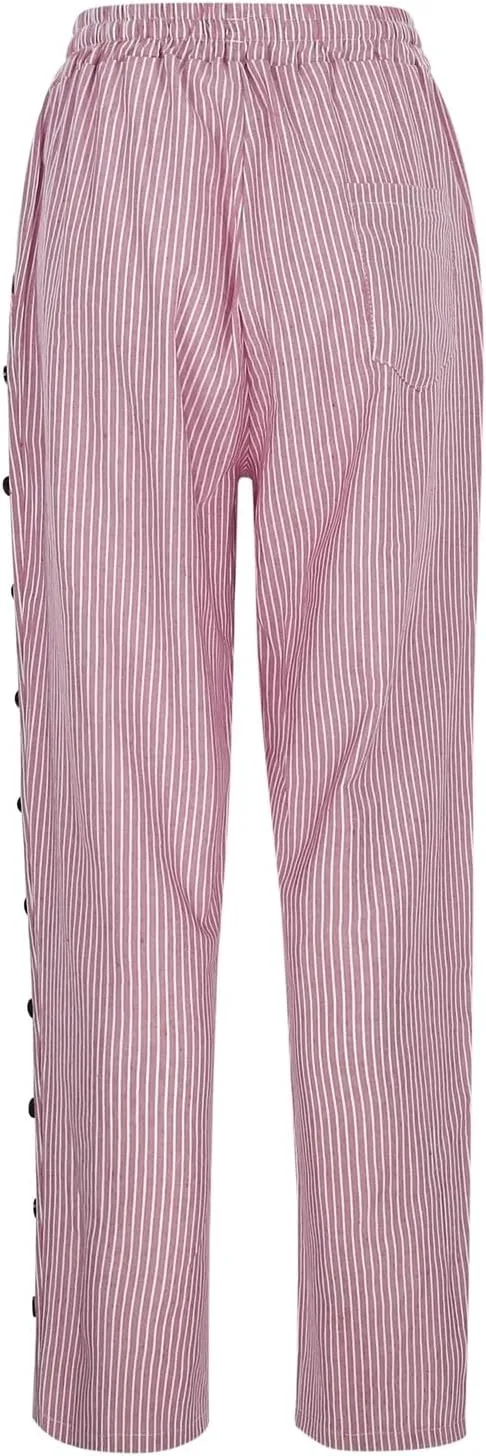 Womens Linen Pants with Pockets Striped Casual Pants Beach Trousers 2025 Women's High Waist Elastic Drawstring Pants