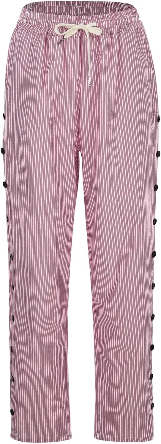 Womens Linen Pants with Pockets Striped Casual Pants Beach Trousers 2025 Women's High Waist Elastic Drawstring Pants