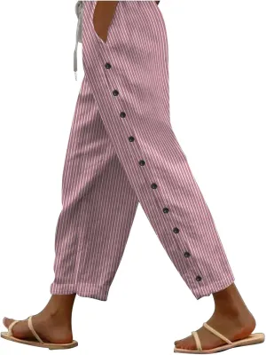Womens Linen Pants with Pockets Striped Casual Pants Beach Trousers 2025 Women's High Waist Elastic Drawstring Pants