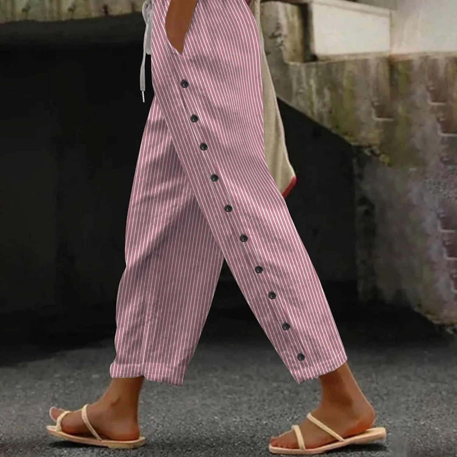 Womens Linen Pants with Pockets Striped Casual Pants Beach Trousers 2025 Women's High Waist Elastic Drawstring Pants