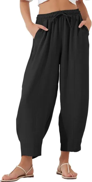 Womens Linen Wide Leg Pants Summer High Waisted Drawstring Elastic Travel Vacation Harem Trousers with Pockets
