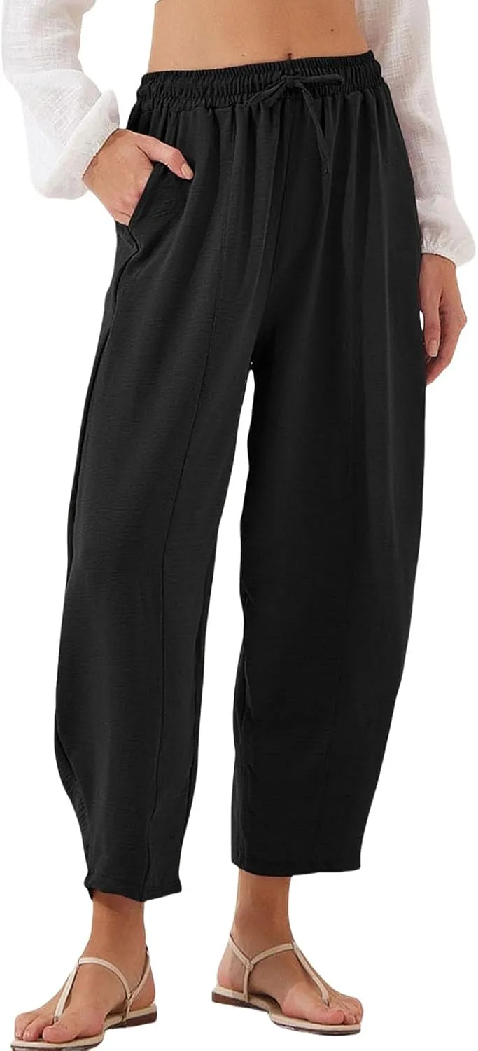 Womens Linen Wide Leg Pants Summer High Waisted Drawstring Elastic Travel Vacation Harem Trousers with Pockets