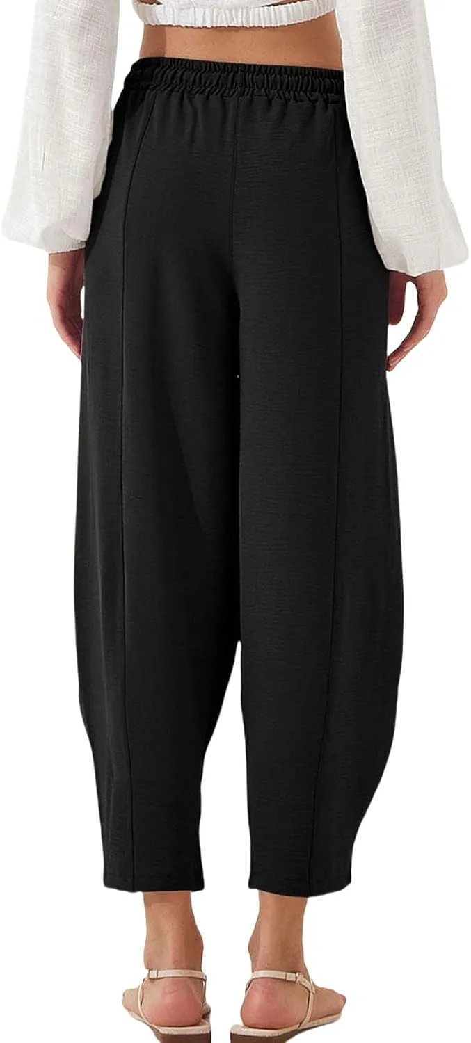 Womens Linen Wide Leg Pants Summer High Waisted Drawstring Elastic Travel Vacation Harem Trousers with Pockets