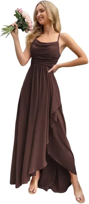 Women's Long Bridesmaid Dresses 2025 with Slit Spaghetti Straps Formal Party Gowns A Line Formal Dress PU162