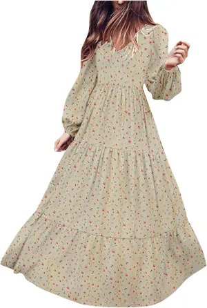 Womens Long Sleeve Boho Dresses V Neck Ditsy Floral Print Ruffle Tiered Maxi Dress Tie Waist Chiffon Flowy Swing Dress