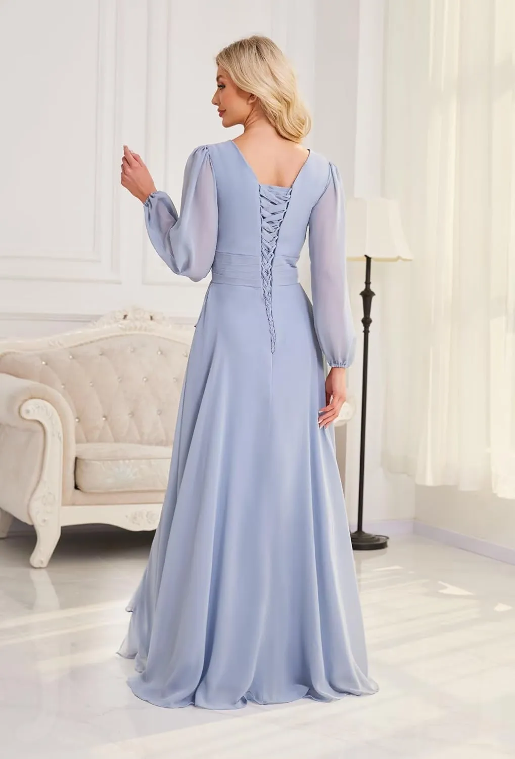 Women's Long Sleeve Bridesmaid Dresses with Pocket Chiffon V Neck A-Line Ruffles Prom Dresses with Slit MAOF01