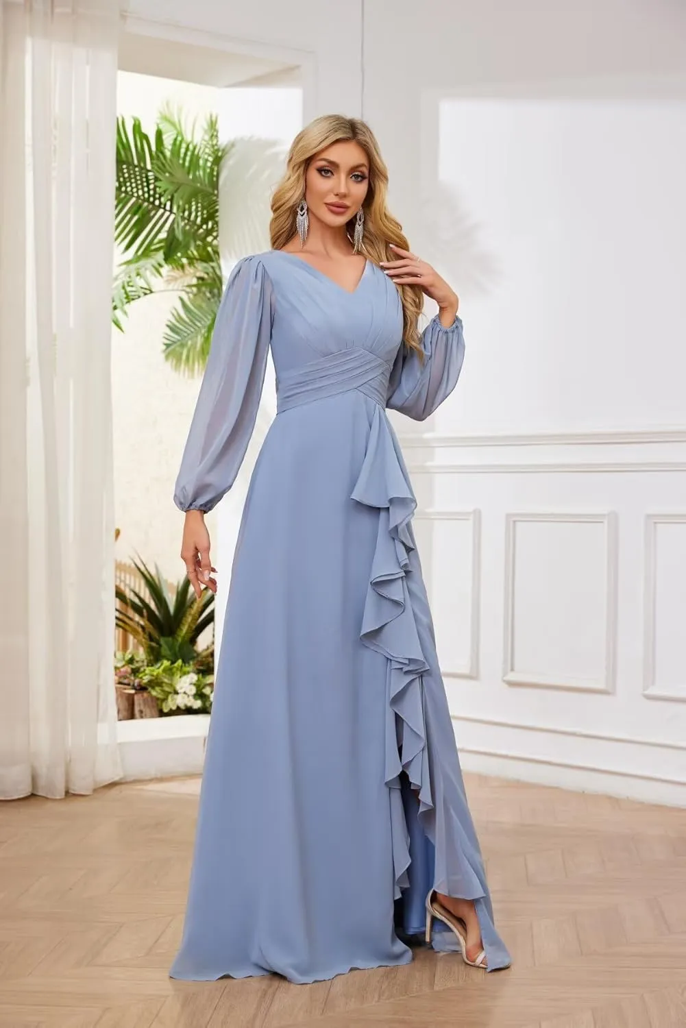 Women's Long Sleeve Bridesmaid Dresses with Pocket Chiffon V Neck A-Line Ruffles Prom Dresses with Slit MAOF01