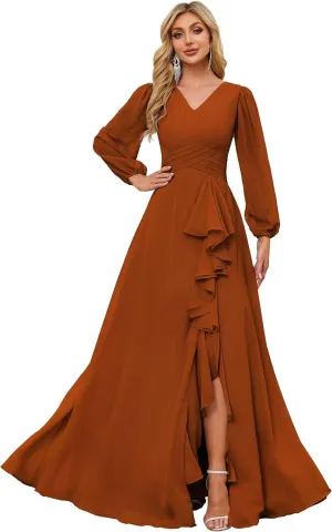 Women's Long Sleeve Bridesmaid Dresses with Pocket Chiffon V Neck A-Line Ruffles Prom Dresses with Slit MAOF01