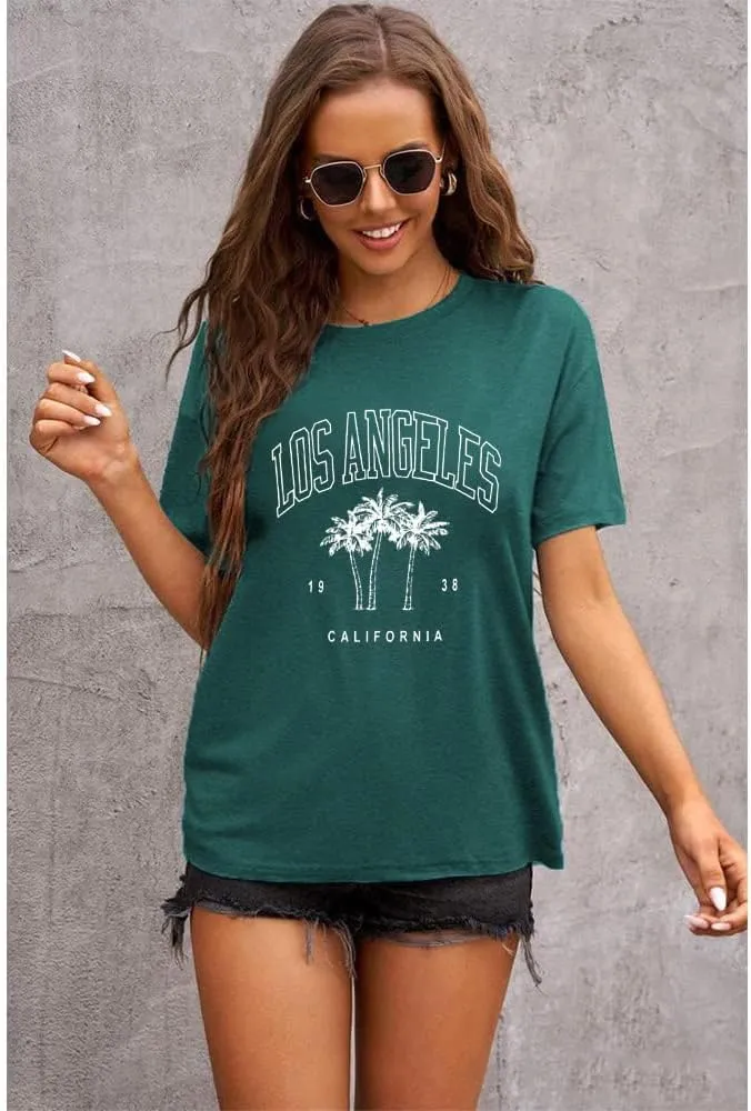 Womens Los Angeles California T-Shirts Summer Beach Cute Printed Short Sleeve Cotton Casual Graphic Tee Tops