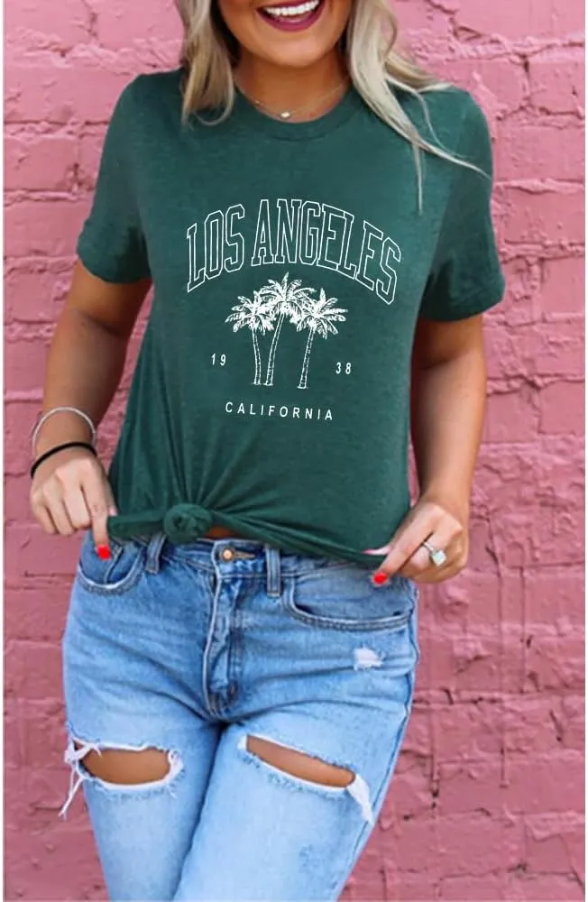 Womens Los Angeles California T-Shirts Summer Beach Cute Printed Short Sleeve Cotton Casual Graphic Tee Tops