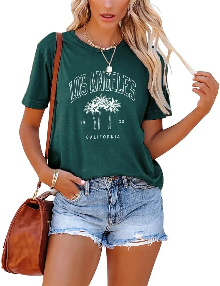 Womens Los Angeles California T-Shirts Summer Beach Cute Printed Short Sleeve Cotton Casual Graphic Tee Tops